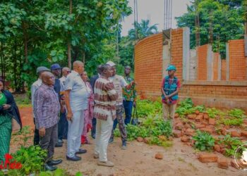 KINDIA : le ministre Moussa Moïse Sylla et son cabinet en visite de terrain sur le chantier du voile de la mariée